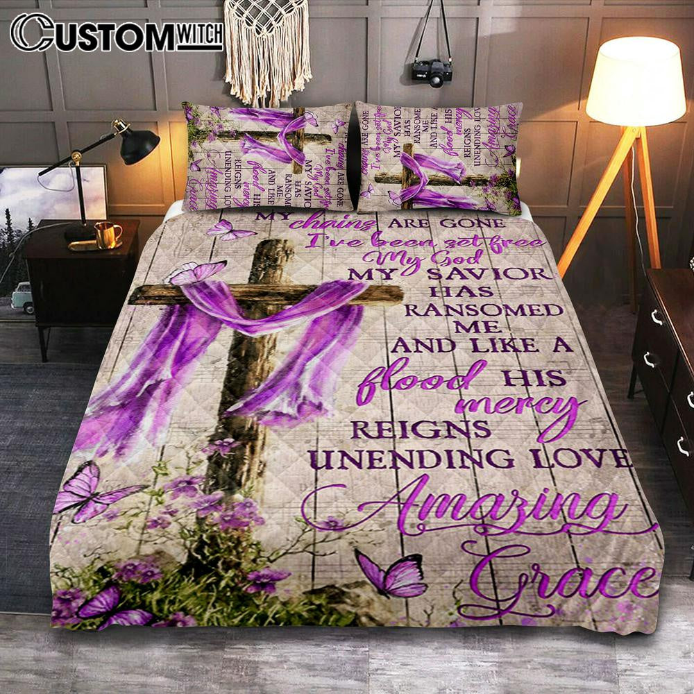 Cross My Chains Are Gone I've Been Set Free My God Quilt Bedding Set Bedroom - Christian Bedroom Decor - Religious Quilt Bedding Set Prints