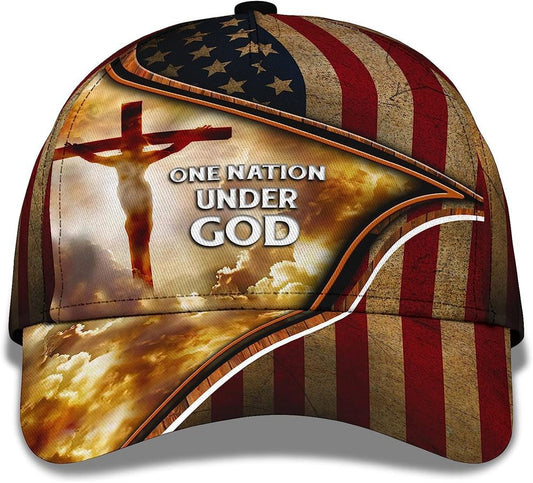 Cross One Nation Under God American Flag All Over Print Baseball Cap, God Cap, Gift Ideas For Male
