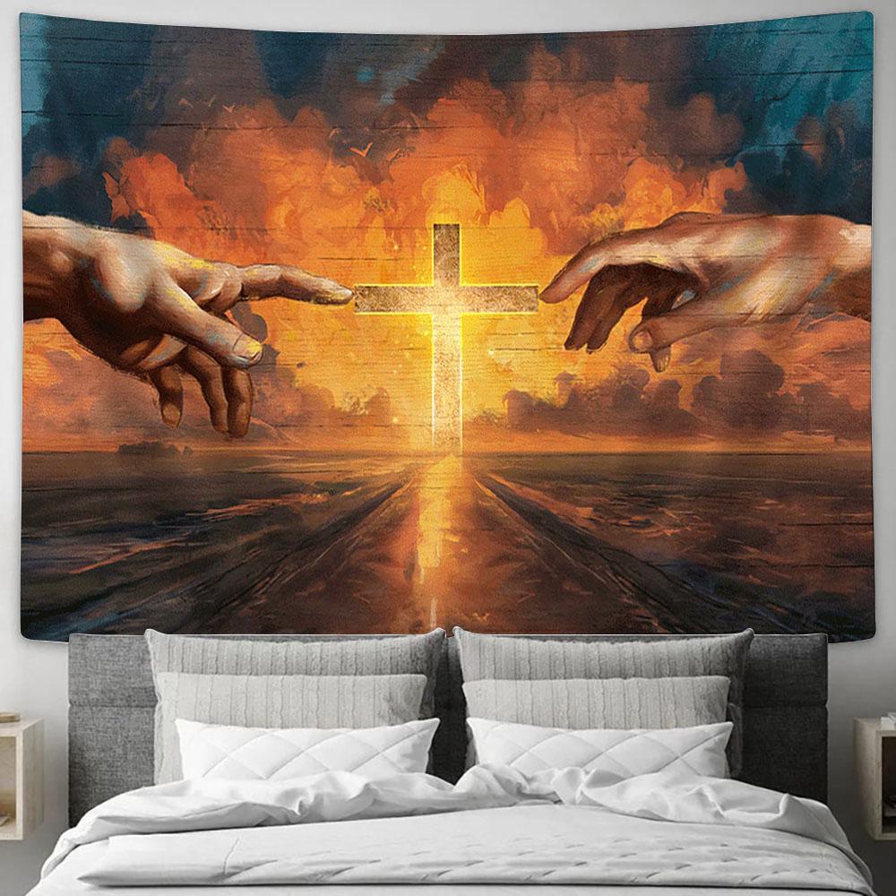 Cross Sunset Inspirational Art Tapestry Wall Art - Bible Verse Tapestry - Religious Tapestry Wall Hanging