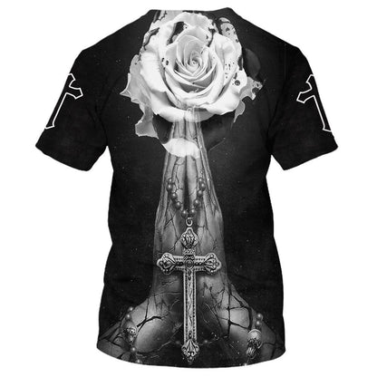 Cross With Rose All Over Print 3D T-Shirt, Gift For Christian, Jesus Shirt