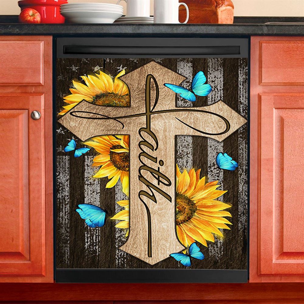 Cross With Sunflower Faith Dishwasher Cover, Bible Verse Dishwasher Magnet Cover, Christian Inspirational Kitchen Decor