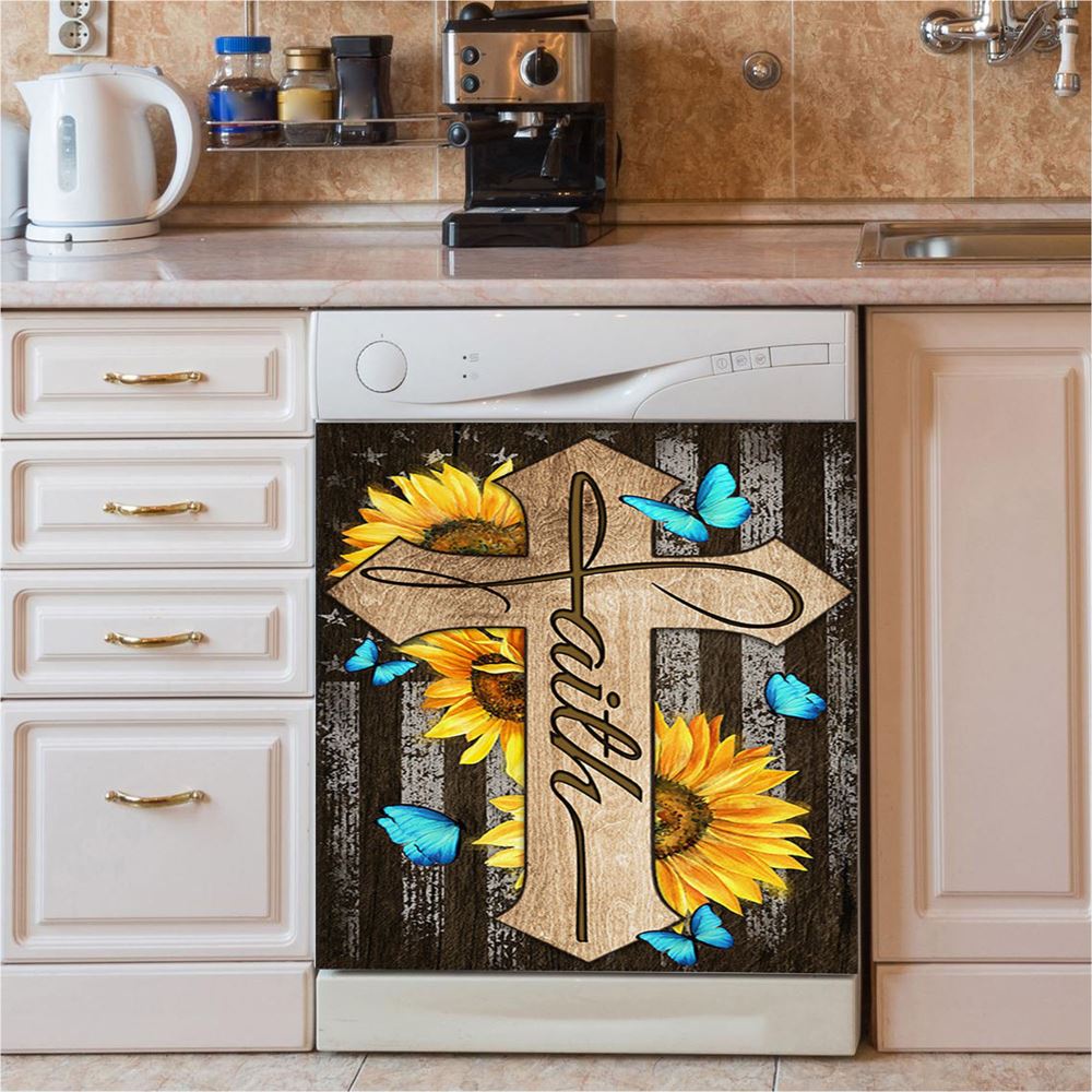 Cross With Sunflower Faith Dishwasher Cover, Bible Verse Dishwasher Magnet Cover, Christian Inspirational Kitchen Decor