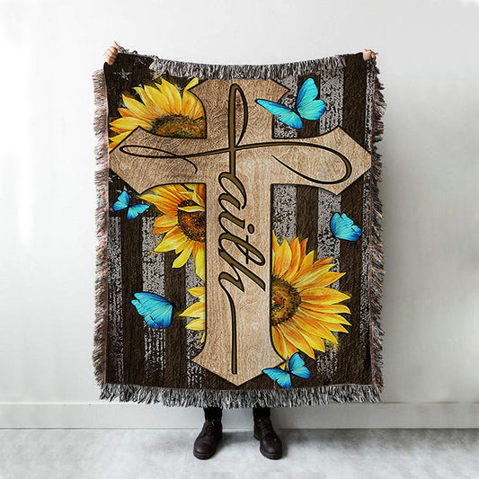 Cross With Sunflower Faith Woven Blanket Art - Bible Verse Throw Blanket - Christian Inspirational Boho Blanket