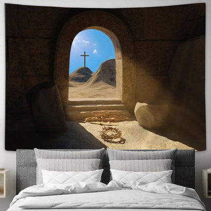 Crown Of Thorns Tomb Tapestry Art - Christian Wall Art Decor - Easter Wall Art