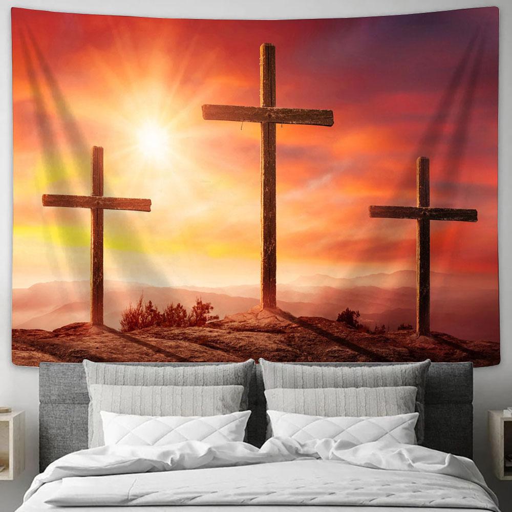 Crucifixion Jesus Christ Sunset Tapestry Pictures - Faith Art - Christian Tapestry Wall Art Decor