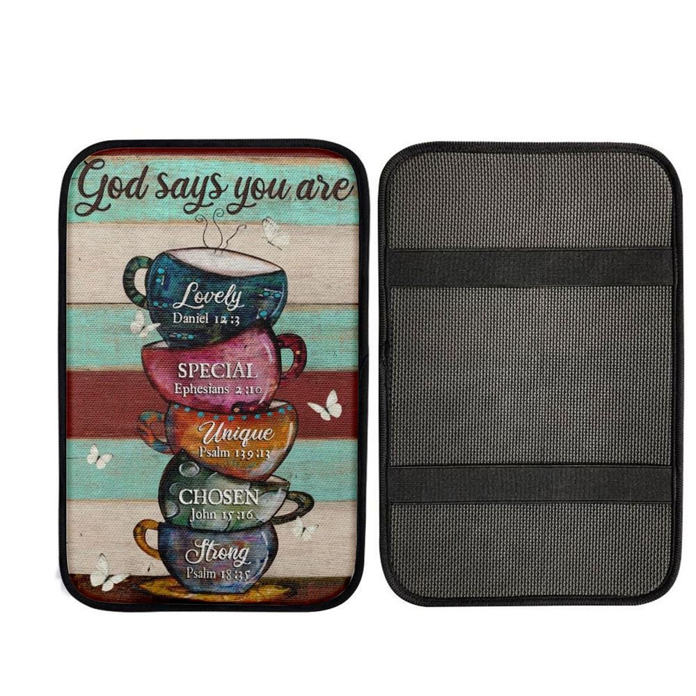 Cups Drawing, Coffee Cups, God Says You Are Car Center Console Cover, Car Armrest Pad, Christian Gift, Armrest Box Mat