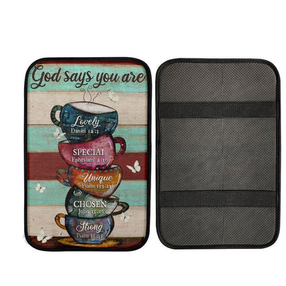 Cups Drawing, Coffee Cups, God Says You Are Car Center Console Cover, Car Armrest Pad, Christian Gift, Armrest Box Mat