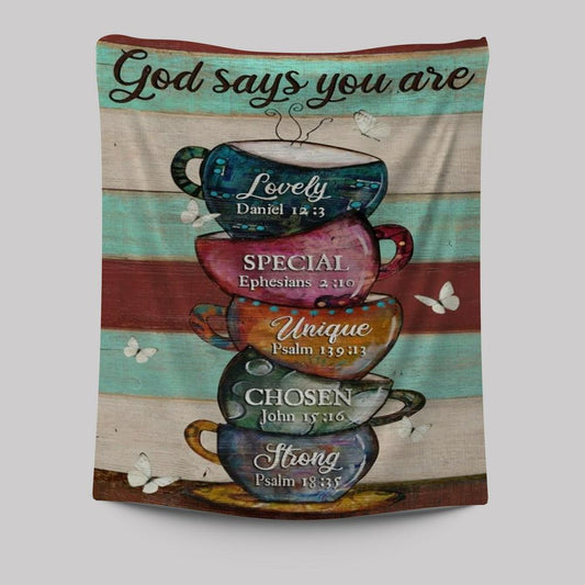 Cups Drawing, Coffee Cups, God Says You Are Tapestry