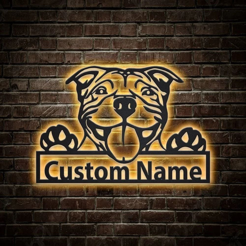 Custom American Pit Bull Dog Metal Sign, Led Lights American Pit Bull Dog Sign, Dog Lover Gift, Dog Wall Sign, Home Decor Sign
