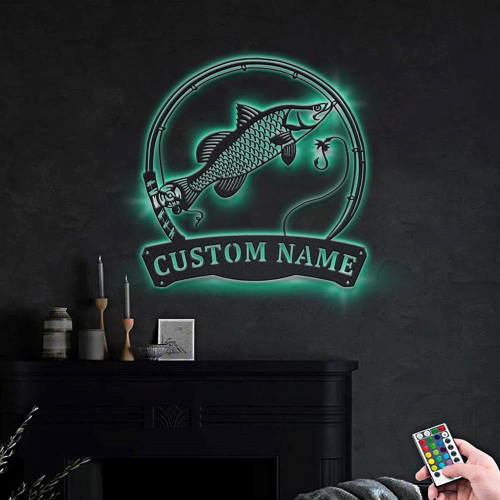 Custom Barramundi Fish Pole Monogram Metal Sign, Led Lights Barramundi Fish Metal Sign, Anniversary Gift, Home Decor Sign, Outdoor Sign
