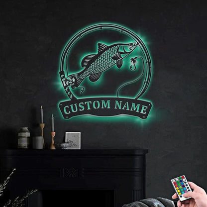 Custom Barramundi Fish Pole Monogram Metal Sign, Led Lights Barramundi Fish Metal Sign, Anniversary Gift, Home Decor Sign, Outdoor Sign