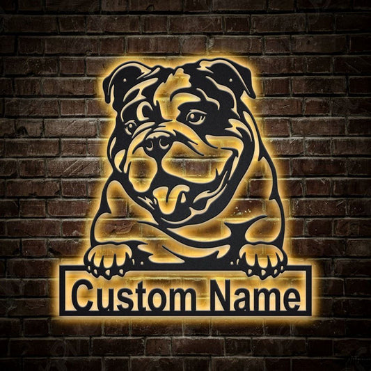 Custom English Bulldog Dog Metal Sign, Led Lights Bulldog Metal Sign, Dog Lover Gift, Dog Wall Sign, Home Decor Sign