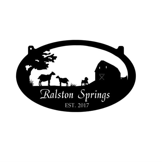 Custom Metal Farm Sign, With Barn And Goatdog Scene With Your Name Metal Wall Art, Gift Ideas For Farm Woman, Outdoor Metal Sign Frames