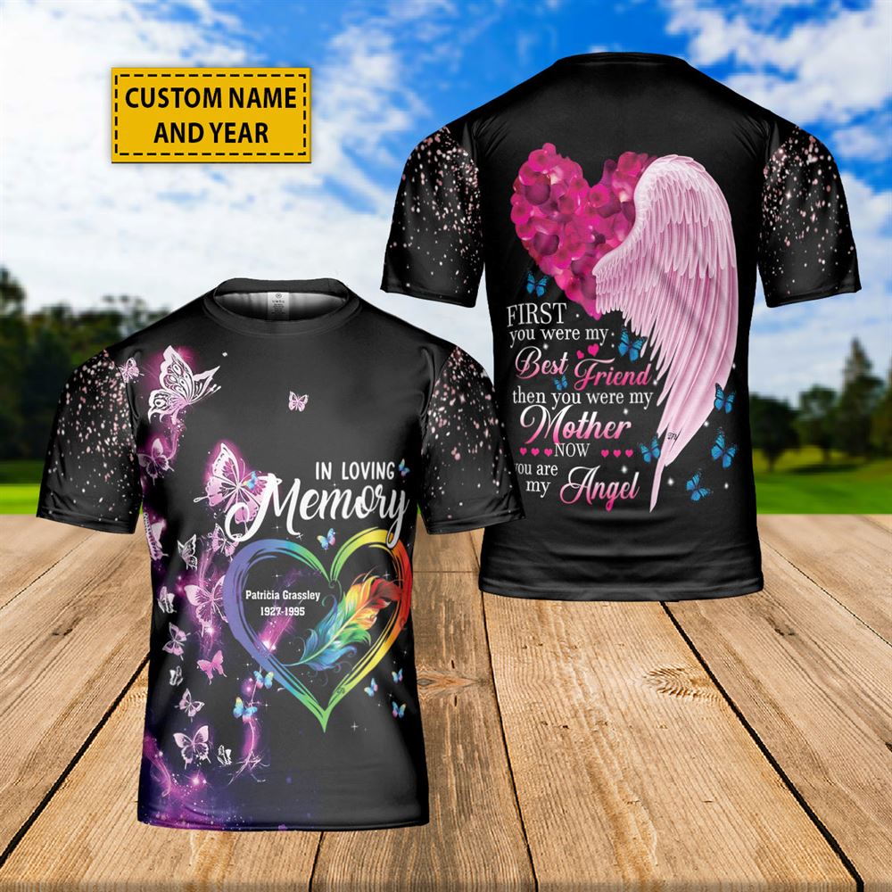 Custom Name Butterflies Memorial Angel Wings Loving Remembrance All Over Print 3D T-Shirt, Gift For Christian, Jesus Shirt