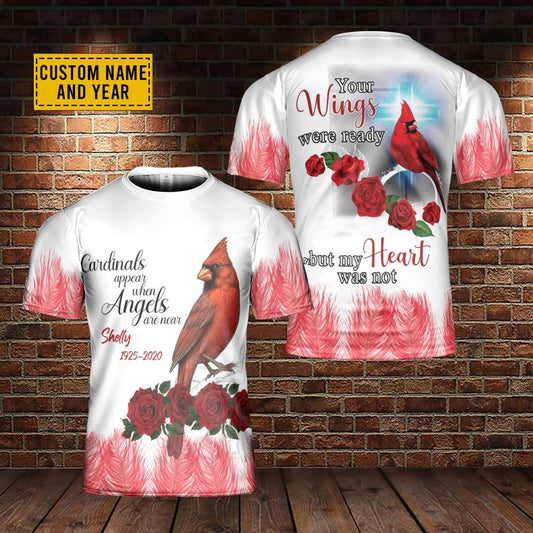 Custom Name Cardinals Appear When Angels Are Near Memorial All Over Print 3D T-Shirt, Gift For Christian, Jesus Shirt