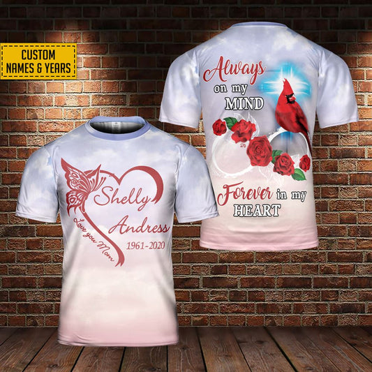 Custom Name Christmas Cardinal Always On My Mind Mom Memorial All Over Print 3D T-Shirt, Gift For Christian, Jesus Shirt