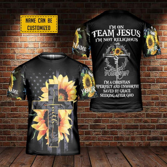 Custom Name I'M On Team Jesus Cross Faith Sunflower American Flag All Over Print 3D T-Shirt, Gift For Christian, Jesus Shirt