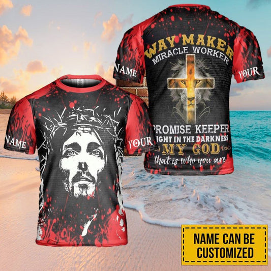 Custom Name Lion Jesus Cross Way Maker Custom Name All Over Print 3D T Shirt For Men And Women, Christian T-Shirt, Faith Shirt