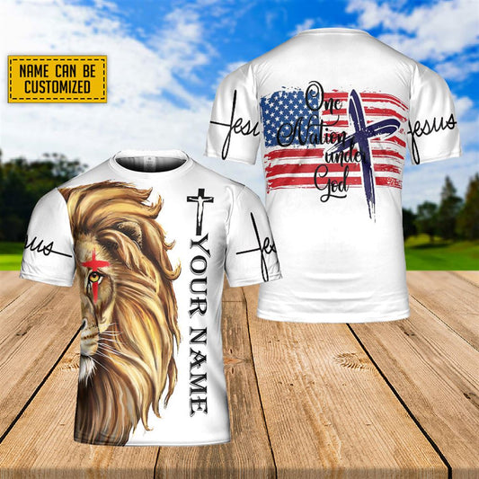 Custom Name Lion Jesus One Nation Under God All Over Print 3D T Shirt For Men And Women, Christian T-Shirt, Faith Shirt