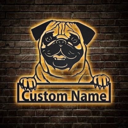 Custom Pug Dog Metal Sign, Led Lights Pug Dog Sign, Dog Lover Gift, Dog Wall Sign, Home Decor Sign