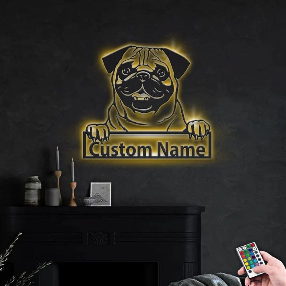 Custom Pug Dog Metal Sign, Led Lights Pug Dog Sign, Dog Lover Gift, Dog Wall Sign, Home Decor Sign