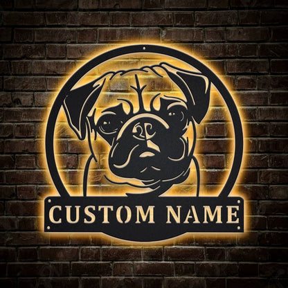 Custom Pug Dog Monogram Metal Sign, Led Lights Pug Dog Sign, Dog Lover Gift, Dog Wall Sign, Home Decor Sign