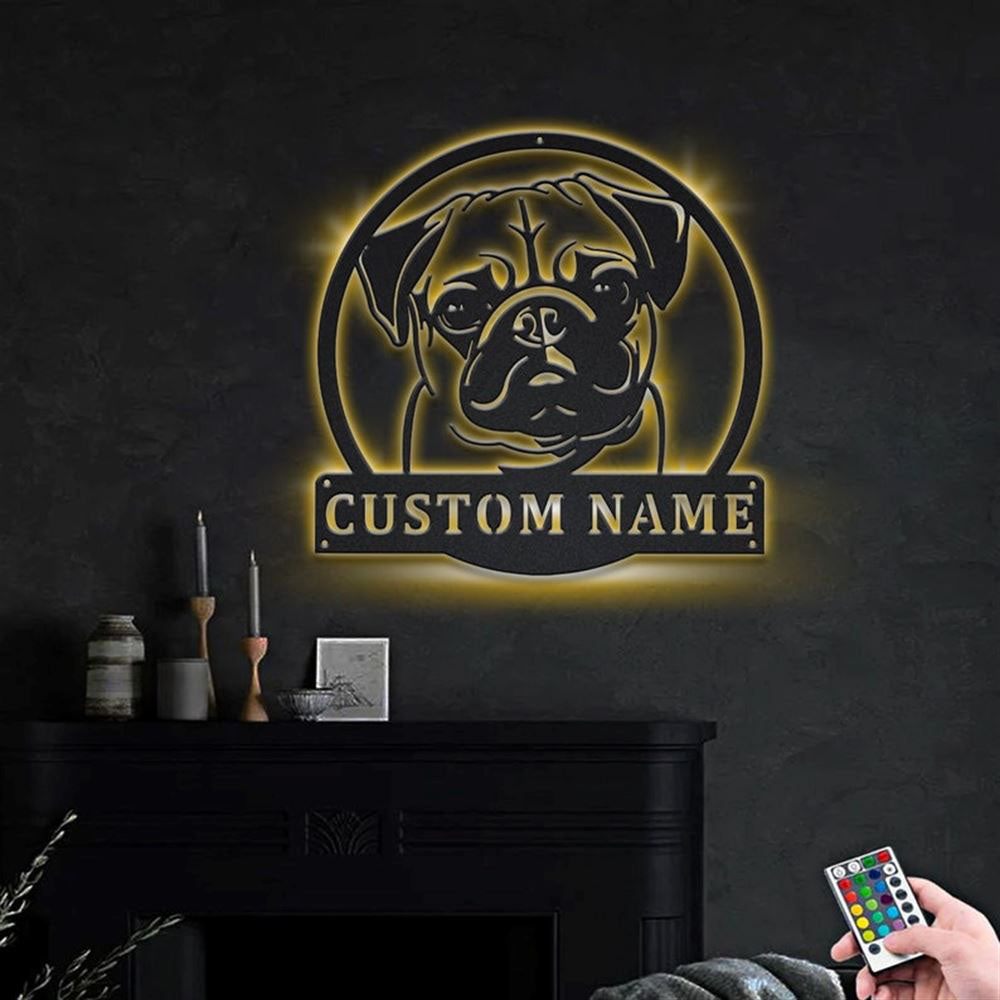 Custom Pug Dog Monogram Metal Sign, Led Lights Pug Dog Sign, Dog Lover Gift, Dog Wall Sign, Home Decor Sign