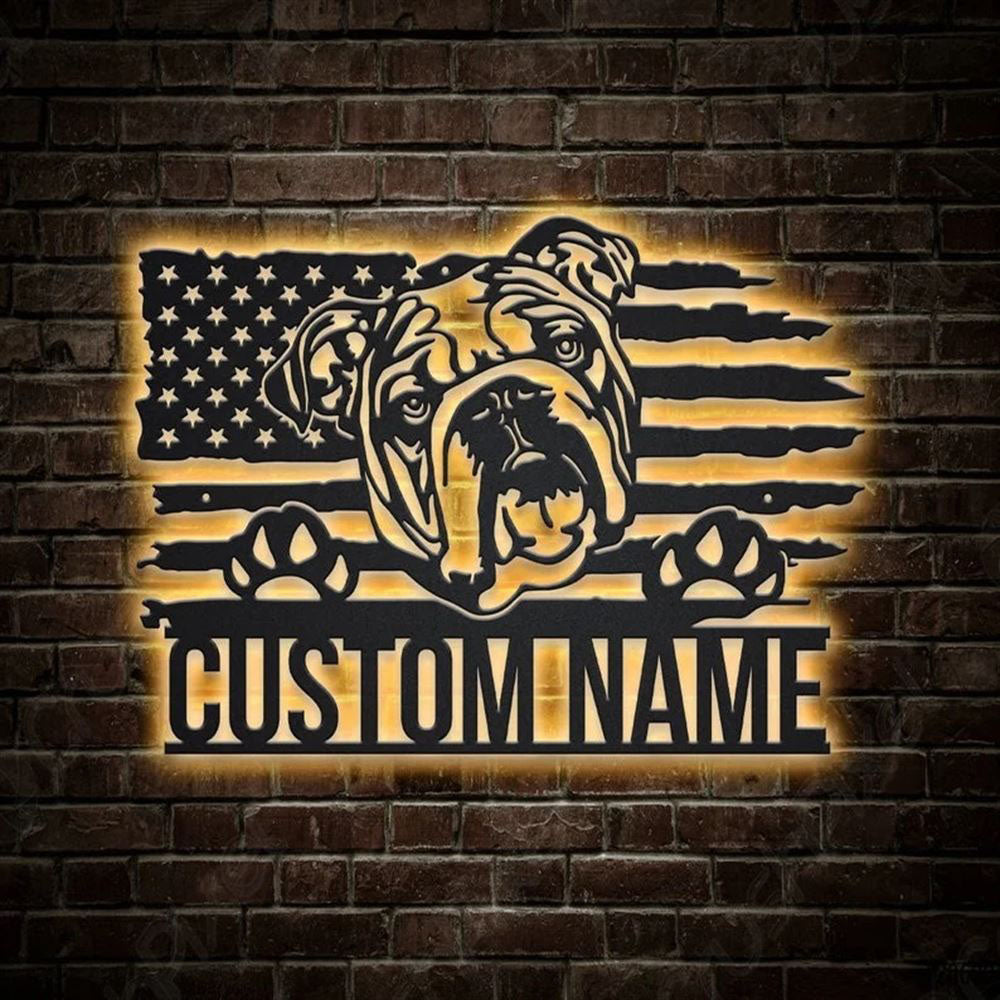 Custom US English Bulldog Dog Metal Sign, Led Lights Bulldog Metal Sign, Dog Lover Gift, Dog Wall Sign, Home Decor Sign