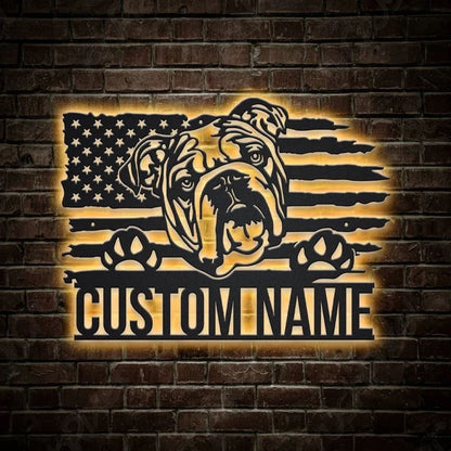 Custom US English Bulldog Dog Metal Sign, Led Lights Bulldog Metal Sign, Dog Lover Gift, Dog Wall Sign, Home Decor Sign