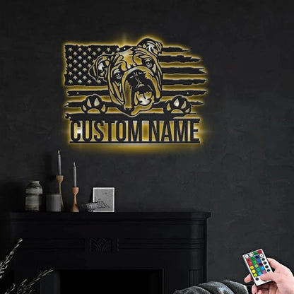 Custom US English Bulldog Dog Metal Sign, Led Lights Bulldog Metal Sign, Dog Lover Gift, Dog Wall Sign, Home Decor Sign