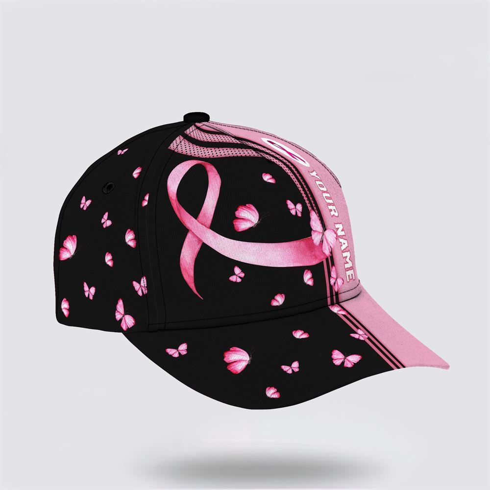 Customized Breast Cancer Awareness Butterfly Art Black And Pink Print Baseball Cap, Gifts For Breast Cancer Patients, Breast Cancer Hat