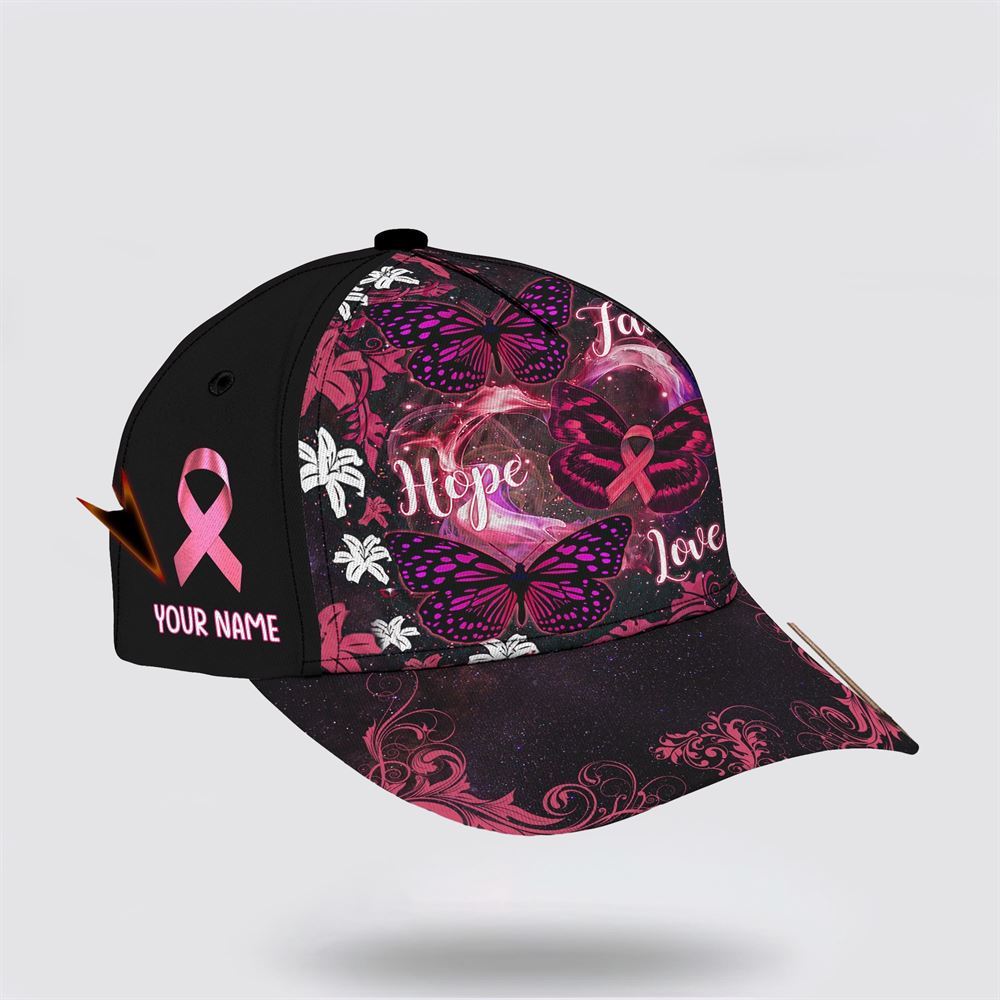 Customized Breast Cancer Awareness Faith Hope Love Butterfly Art Baseball Cap, Gifts For Breast Cancer Patients, Breast Cancer Hat