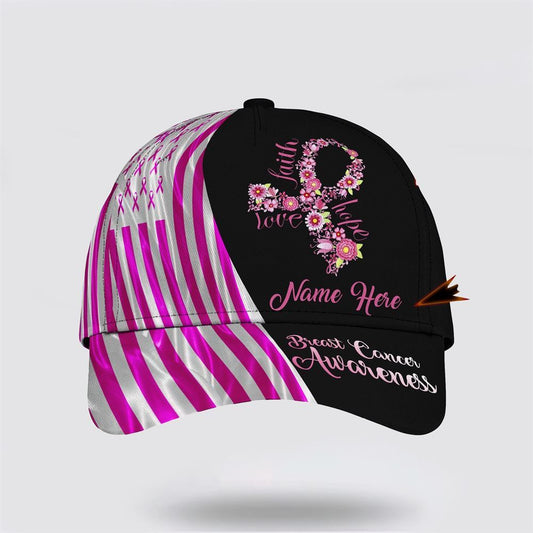Customized Breast Cancer Awareness Faith Hope Love Flower Print Baseball Cap, Gifts For Breast Cancer Patients, Breast Cancer Hat