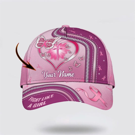 Customized Breast Cancer Awareness Fight Like A Girl Cross And Butterfly Print Baseball Cap, Gifts For Breast Cancer Patients, Breast Cancer Hat