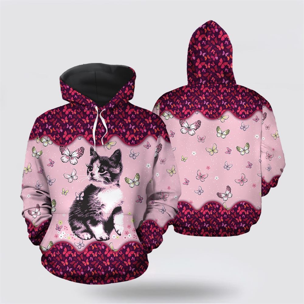 Cute Cat Butterfly All Over Print 3D Hoodie For Men And Women, Christmas Cat Hoodie, Christmas Hoodie Cute, Christmas Fashion