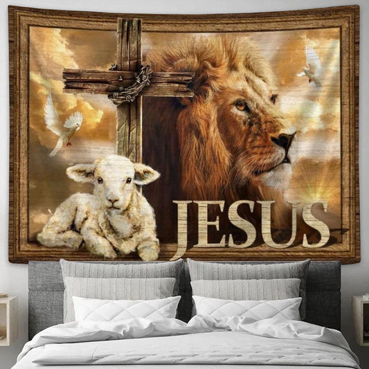 Cute Lamb, Cross Symbol, Amazing Lion, Jesus Tapestry, Tapestries for Living Room Bedroom
