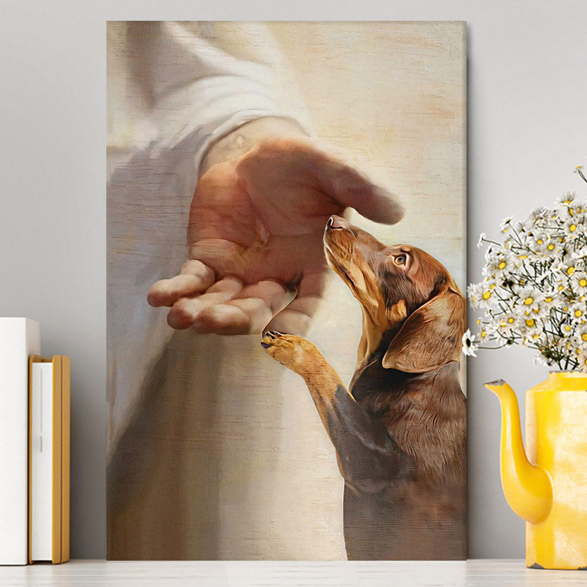 Dachshund Handshake With Jesus Canvas Wall Art - Jesus Canvas Pictures - Christian Canvas Wall Art