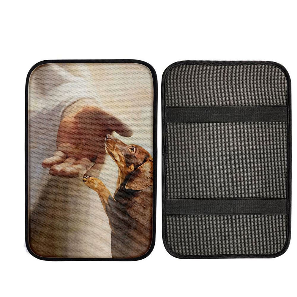 Dachshund Handshake With Jesus Car Center Console Cover, Christian Car Accessories