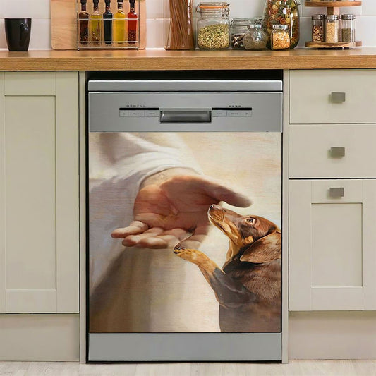 Dachshund Handshake With Jesus Dishwasher Cover, Jesus Dishwasher Magnet Cover, Christian Kitchen Decor