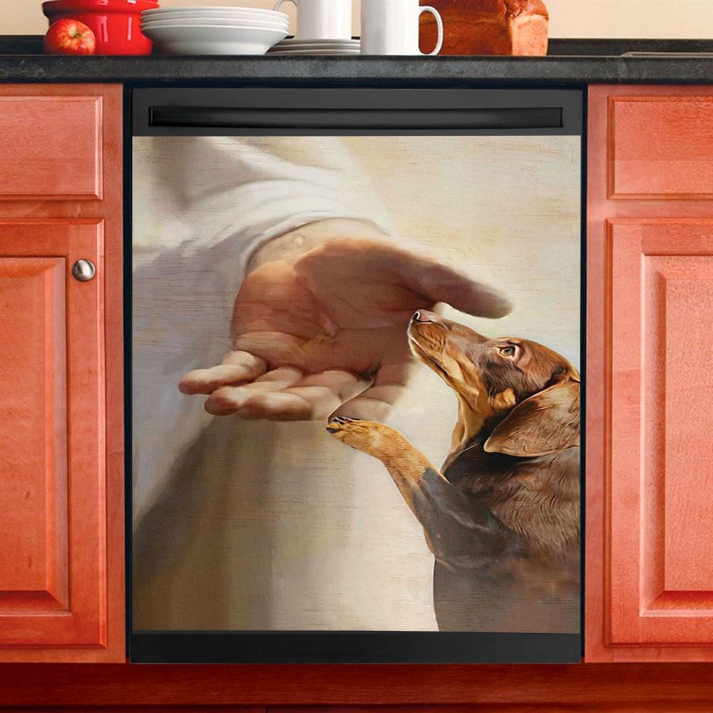Dachshund Handshake With Jesus Dishwasher Cover, Jesus Dishwasher Magnet Cover, Christian Kitchen Decor