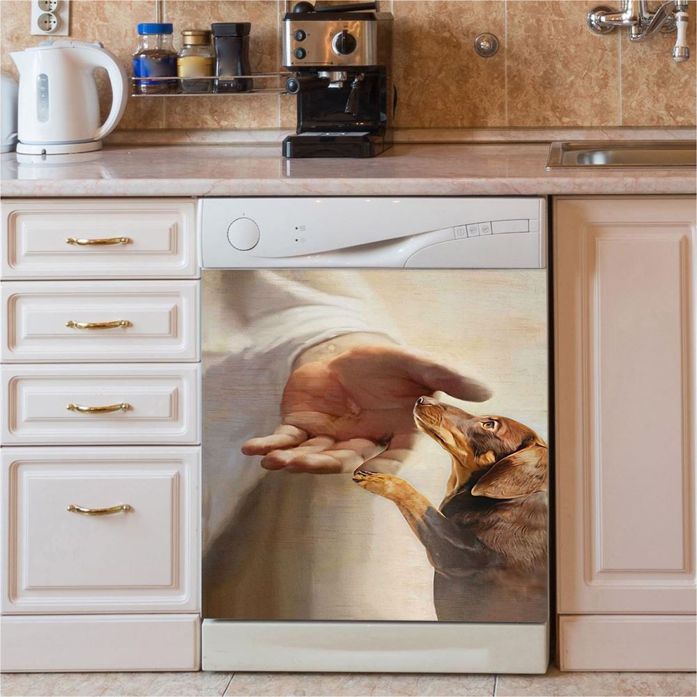 Dachshund Handshake With Jesus Dishwasher Cover, Jesus Dishwasher Magnet Cover, Christian Kitchen Decor