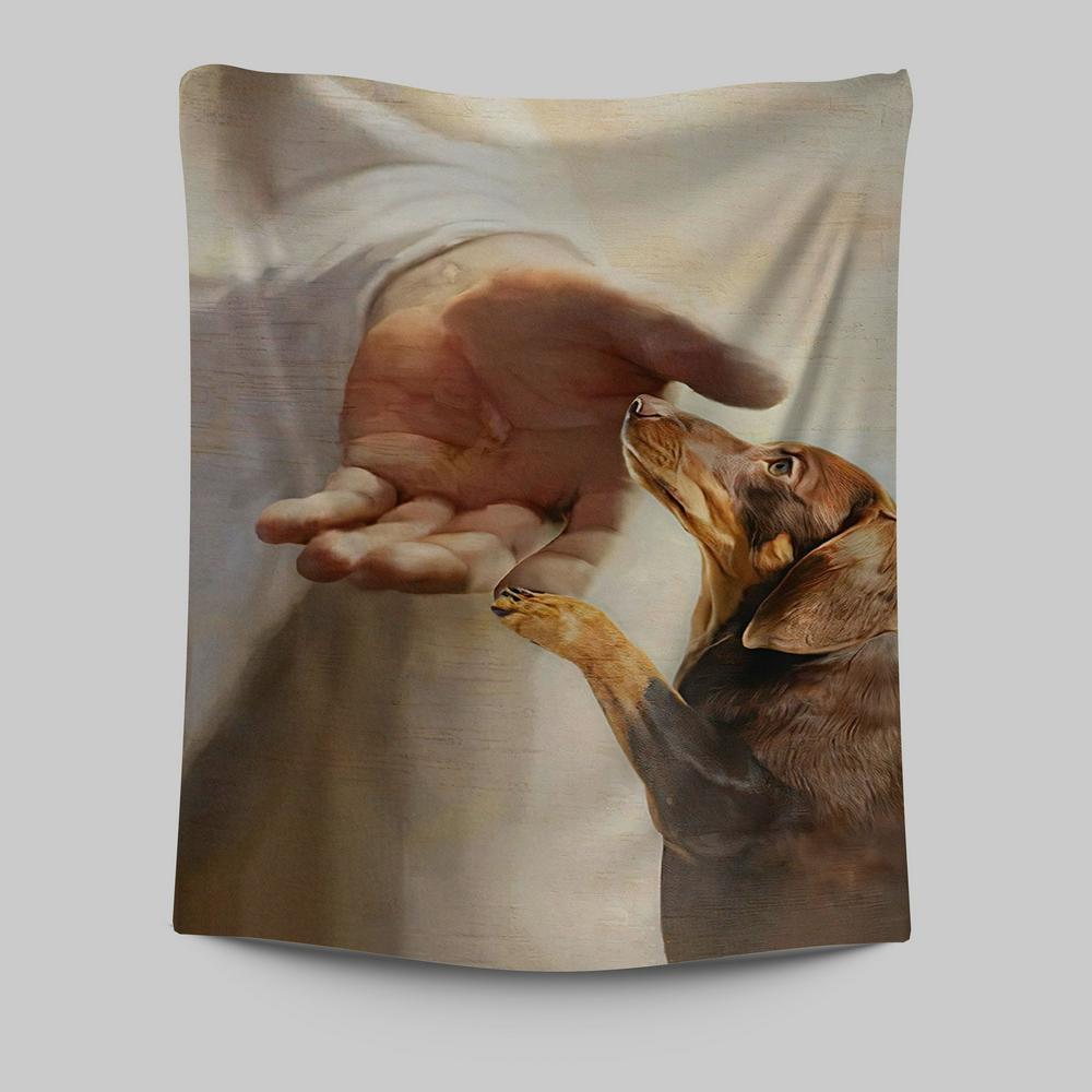 Dachshund Handshake With Jesus Tapestry Wall Art - Jesus Tapestry Pictures - Christian Tapestries Wall Art
