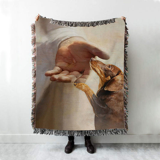 Dachshund Handshake With Jesus Woven Throw Blanket - Jesus Woven Blanket Pictures - Christian Woven Throw Blanket