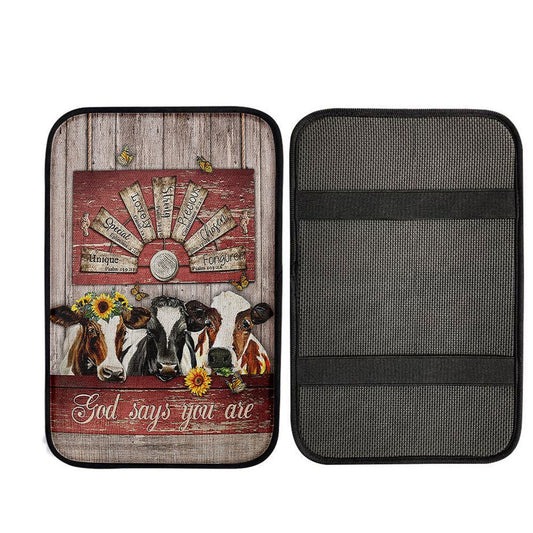 Dairy Cow Sunflower Wreath Windmill Car Armrest Pad- God Says You Are Car Center Console Cover, Christian Car Accessories