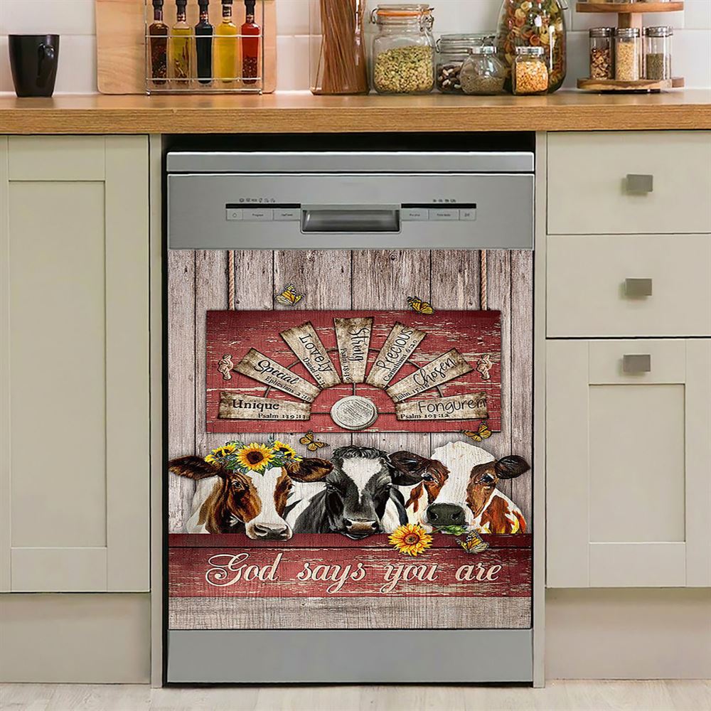 Dairy Cow Sunflower Wreath Windmill Dishwasher Cover, God Says You Are Dishwasher Magnet Cover, Christian Kitchen Decor