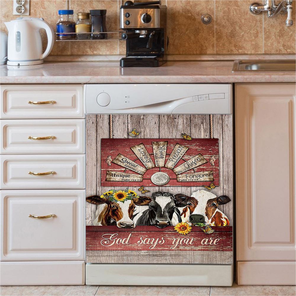 Dairy Cow Sunflower Wreath Windmill Dishwasher Cover, God Says You Are Dishwasher Magnet Cover, Christian Kitchen Decor