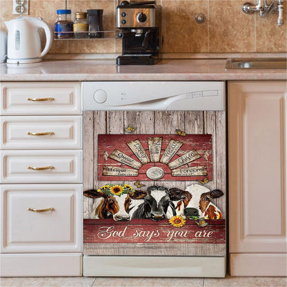 Dairy Cow Sunflower Wreath Windmill Dishwasher Cover, God Says You Are Dishwasher Magnet Cover, Christian Kitchen Decor