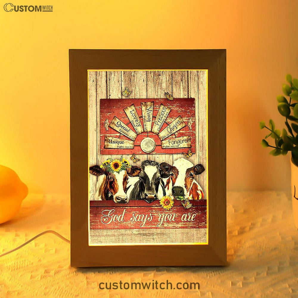 Dairy Cow Sunflower Wreath Windmill Frame Lamp- God Says You Are Frame Lamp Art - Christian Night Light
