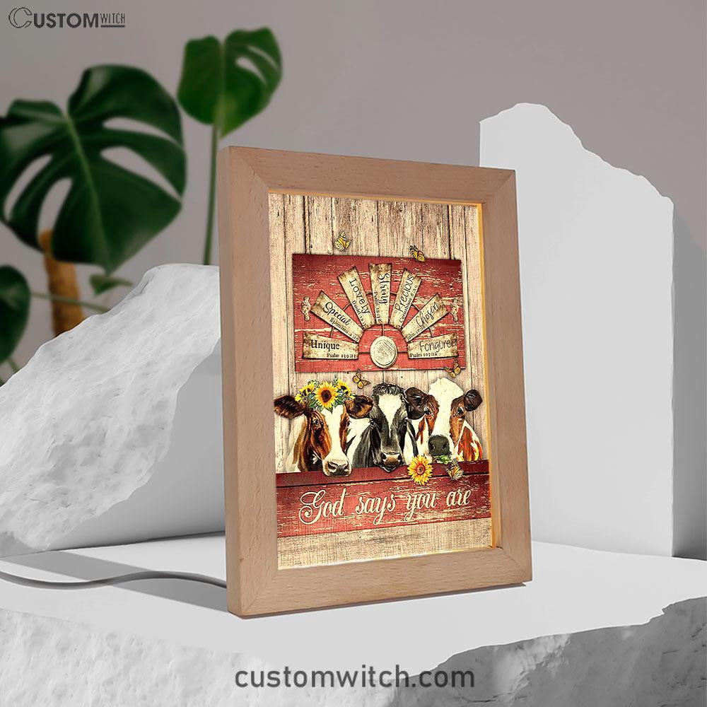 Dairy Cow Sunflower Wreath Windmill Frame Lamp- God Says You Are Frame Lamp Art - Christian Night Light