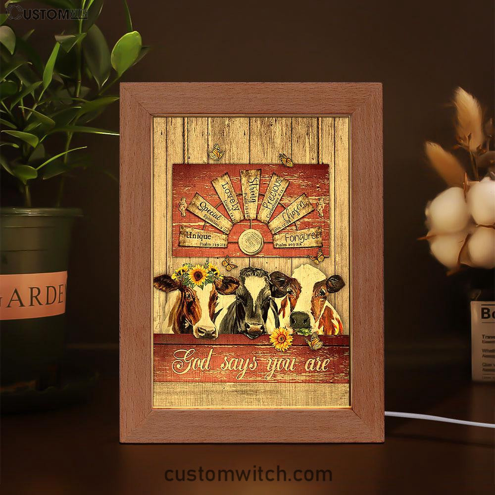 Dairy Cow Sunflower Wreath Windmill Frame Lamp- God Says You Are Frame Lamp Art - Christian Night Light